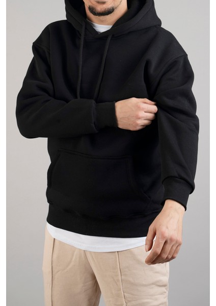 Erkek Kapüşonlu Basic Sweatshirt Siyah