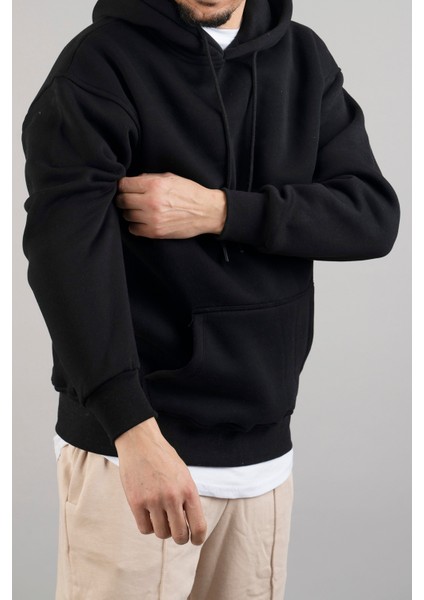 Erkek Kapüşonlu Basic Sweatshirt Siyah