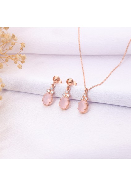 925 Ayar Gümüş Gül Kuvars Kolye Küpe Set