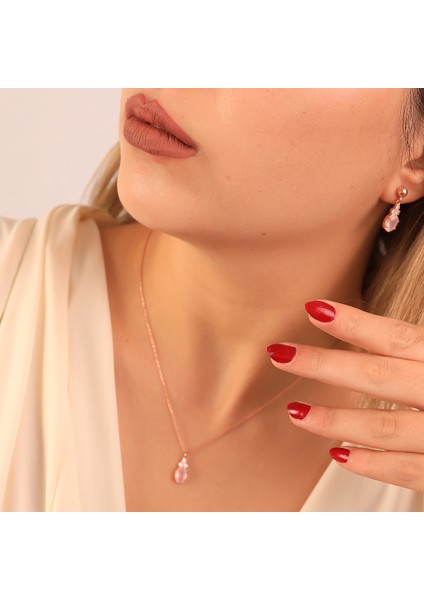 925 Ayar Gümüş Gül Kuvars Kolye Küpe Set modelleri