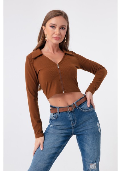 Kadın Kahverengi Fermuar Detaylı Örme Bluz