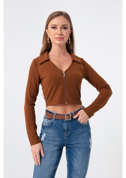 Kadın Kahverengi Fermuar Detaylı Örme Bluz fiyatları