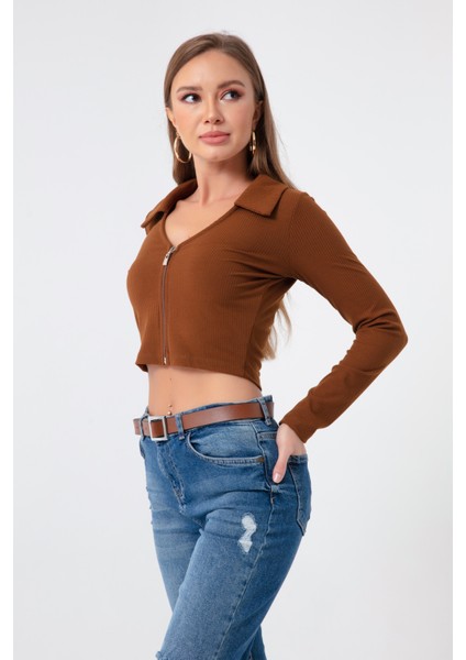 Kadın Kahverengi Fermuar Detaylı Örme Bluz modelleri