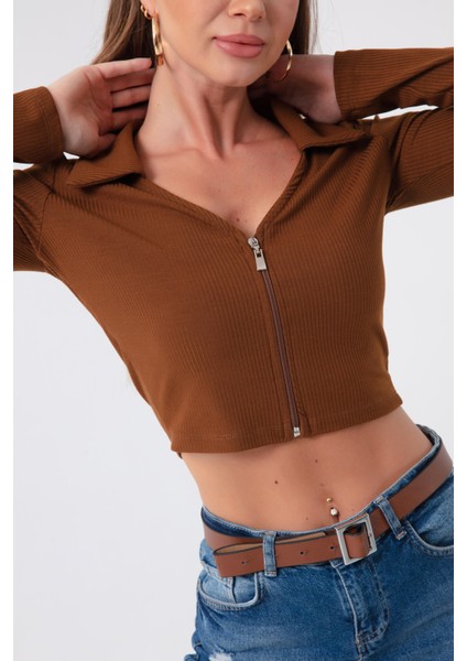Kadın Kahverengi Fermuar Detaylı Örme Bluz fırsatları