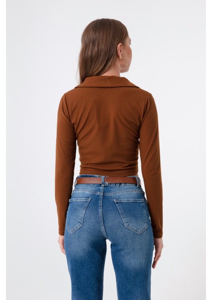 Kadın Kahverengi Fermuar Detaylı Örme Bluz indirimleri
