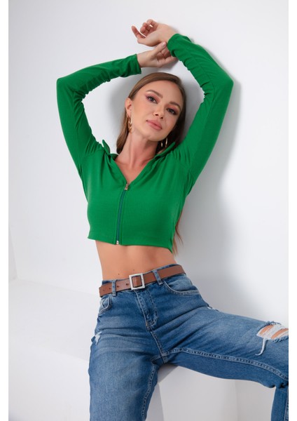 Kadın Yeşil Fermuar Detaylı Örme Bluz fiyatları