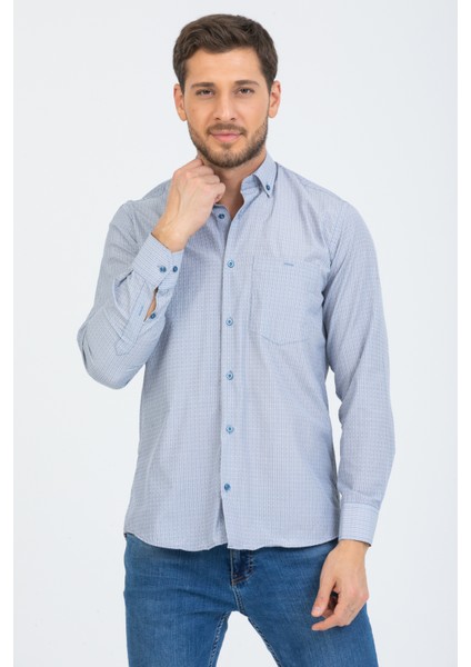 Erkek Mavi Kareli Uzun Kol Cepli Yaka Düğmeli Gömlek