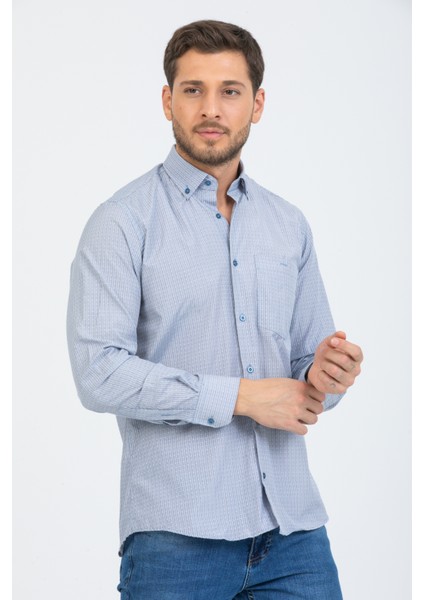 Erkek Mavi Kareli Uzun Kol Cepli Yaka Düğmeli Gömlek fiyatları