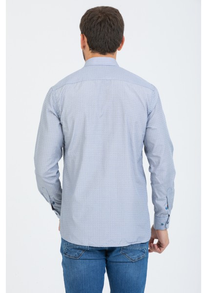 Erkek Mavi Kareli Uzun Kol Cepli Yaka Düğmeli Gömlek modelleri
