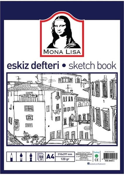 Monalisa Eskiz Defteri A-4 Dokulu Kağıt Kara Kalem Çalışma Defteri 50 Yaprak 120 gr 21 x 29,7 cm