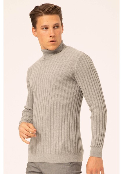 Erkek Balıkçı Yaka Slim Fit Fitilli Triko Kazak 6091288 Gri modelleri