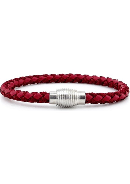 Oval Metal Mıknatıs Bordo Örgü Deri Erkek Bileklik M033D