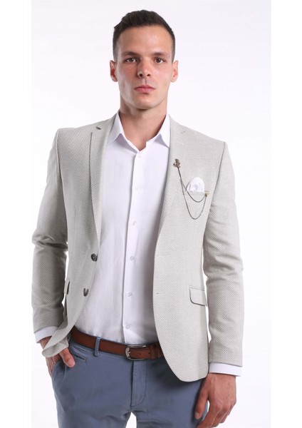 Intersivin Erkek Slim Fit 6 Drop Krem Blazer Tek Ceket