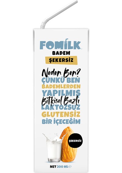 Badem Sütü 200 Ml Glutensiz Bitkisel Bazlı Laktozsuz Vegan Şekersiz