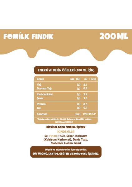 Fındık Sütü 200 Ml Glutensiz Bitkisel Bazlı Laktozsuz Vegan