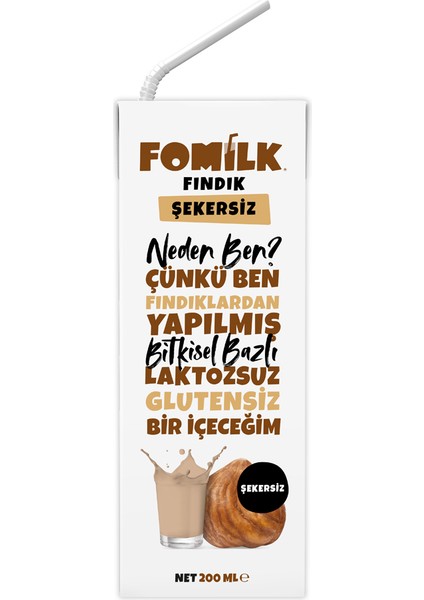 Fındık Sütü 200 Ml Glutensiz Bitkisel Bazlı Laktozsuz Vegan Şekersiz