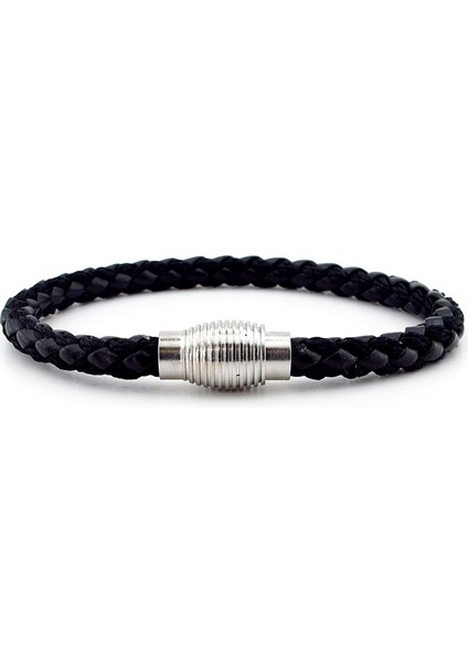 Oval Metal Klipsli Siyah Örgü Deri Erkek Bileklik M033A