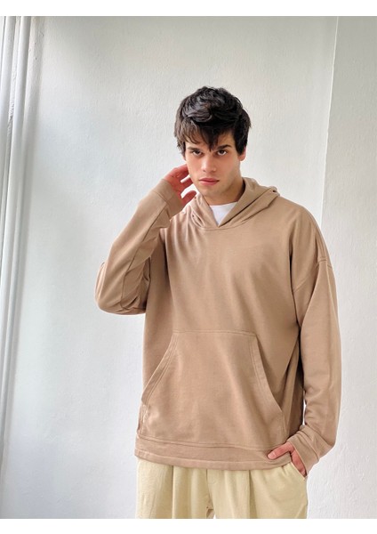 Oversize Basic Kapüşonlu Sweatshirt Erkek Taba