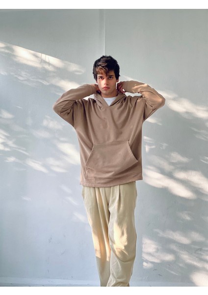 Oversize Basic Kapüşonlu Sweatshirt Erkek Taba