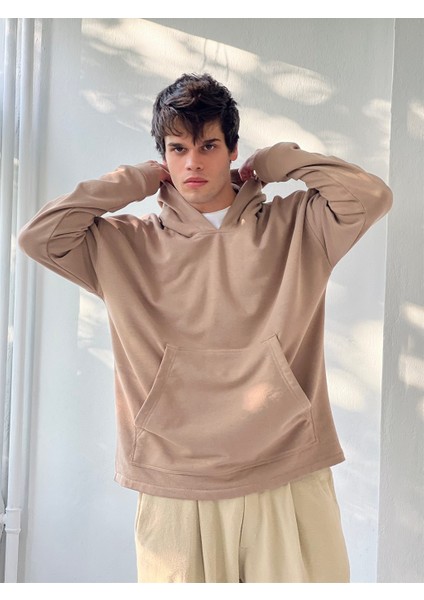 Oversize Basic Kapüşonlu Sweatshirt Erkek Taba