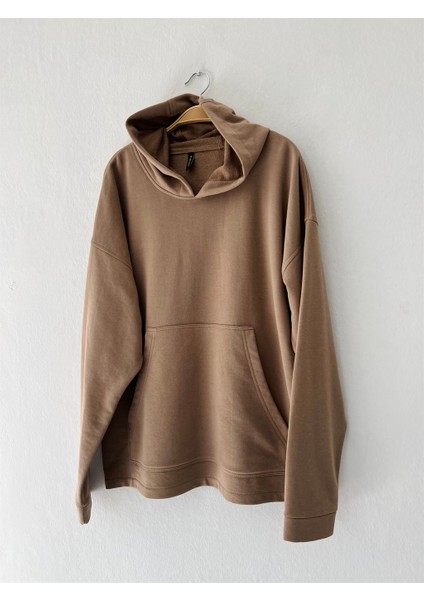 Oversize Basic Kapüşonlu Sweatshirt Erkek Taba