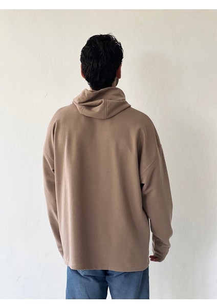 Oversize Basic Kapüşonlu Sweatshirt Erkek Taba