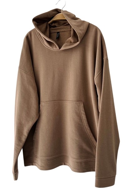 Oversize Basic Kapüşonlu Sweatshirt Erkek Taba
