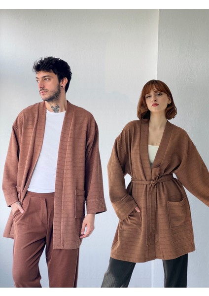 Cepli Kışlık Hırka Kimono Unisex Kahverengi