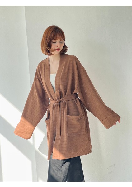 Cepli Kışlık Hırka Kimono Unisex Kahverengi