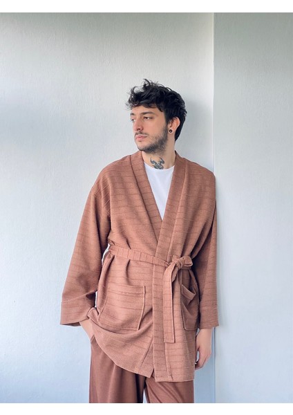 Cepli Kışlık Hırka Kimono Unisex Kahverengi