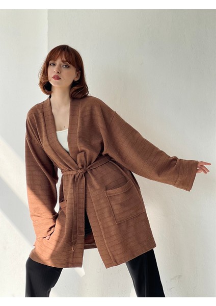 Cepli Kışlık Hırka Kimono Unisex Kahverengi