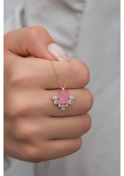 925 Ayar Gümüş Pembe Zirkon Taşlı Kolye