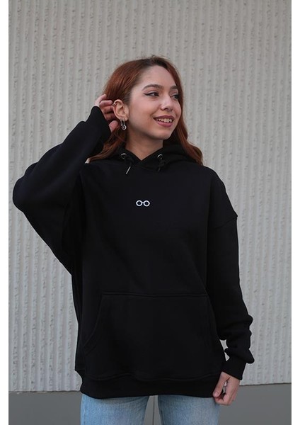 Renkli To Cosmos Logo Desenli Unisex Oversize Hoodie ( Kapüşonlu Sweatshirt) Siyah