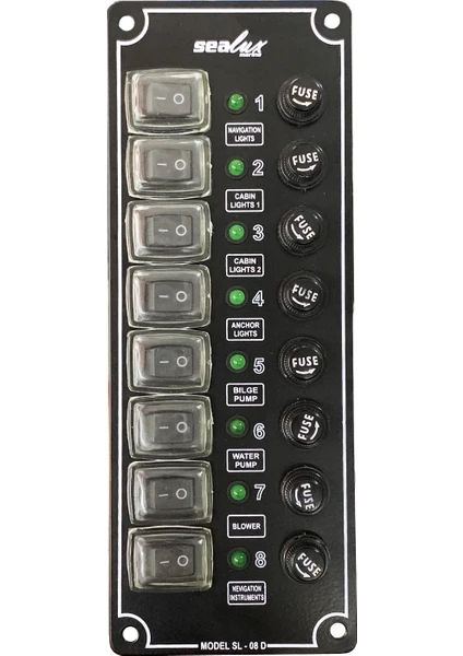 Sealux Marine 8 Anahtarlı Switch Dikey Panel 12-24v Sigorta Paneli