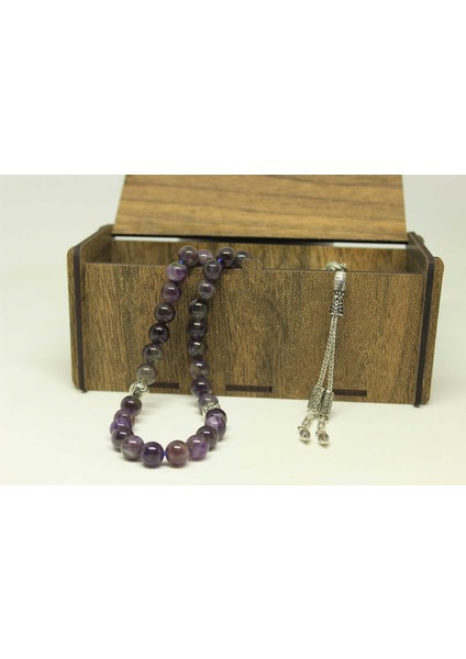 Ametist Taşı Koyu Renk Tesbih 8mm Ahşap Kutulu