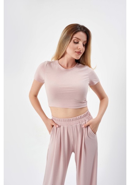 Pudra Renk Fitilli Örme Alt Üst Takım