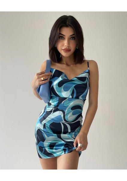 Mavi Baskılı Saten Mini Elbise