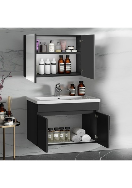 Viola 80 cm Antrasit -Mdf Hazır Kurulu Aynalı Banyo Dolabı Lavabolu Banyo Dolabı Takımı fiyatları