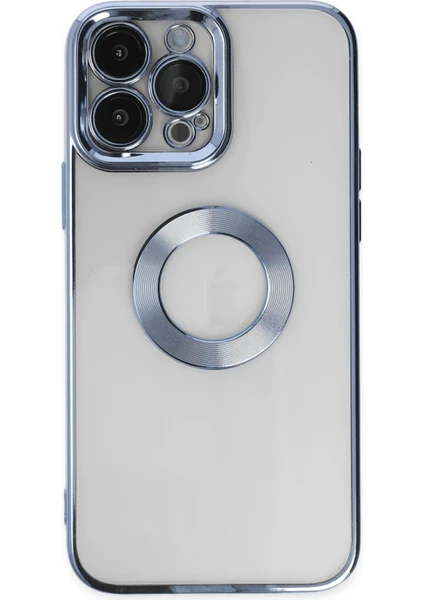 Caseart Apple iPhone 14 Pro Max Kapak Yanları Renkli Lens Korumalı Logo Gösteren Şeffaf Luxury Silikon Kılıf - Açık Mavi