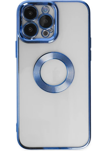 Caseart Apple iPhone 14 Pro Max Kapak Yanları Renkli Lens Korumalı Logo Gösteren Şeffaf Luxury Silikon Kılıf - Mavi