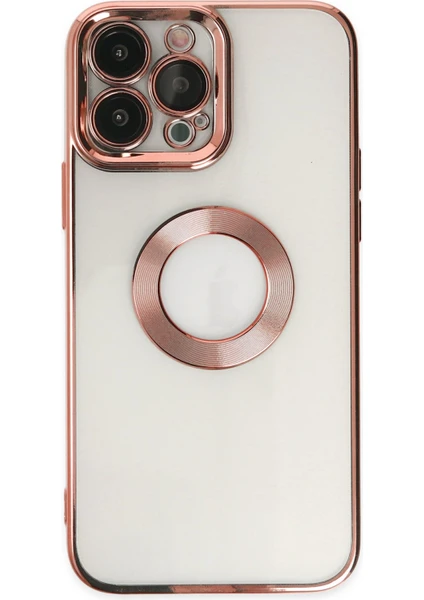 Caseart Apple iPhone 14 Pro Max Kapak Yanları Renkli Lens Korumalı Logo Gösteren Şeffaf Luxury Silikon Kılıf - Rose Gold