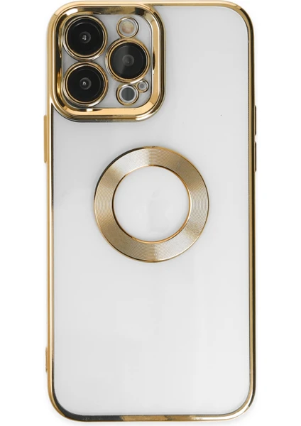 Apple iPhone 14 Pro Max Kapak Yanları Renkli Lens Korumalı Logo Gösteren Şeffaf Luxury Silikon Kılıf - Gold