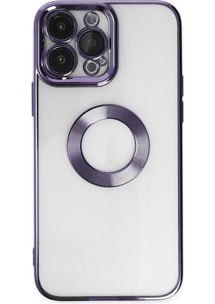 Apple iPhone 14 Pro Kapak Yanları Renkli Lens Korumalı Logo Gösteren Şeffaf Luxury Silikon Kılıf - Mor