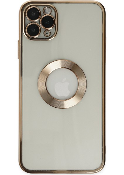 Apple iPhone 11 Pro Max Kapak Yanları Renkli Lens Korumalı Logo Gösteren Şeffaf Luxury Silikon Kılıf - Gold