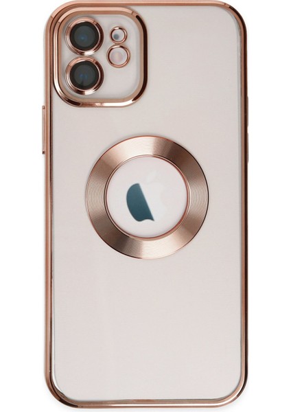 Apple iPhone 11 Kapak Yanları Renkli Lens Korumalı Logo Gösteren Şeffaf Luxury Silikon Kılıf - Rose Gold