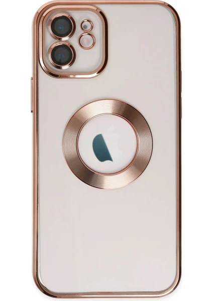 Apple iPhone 11 Kapak Yanları Renkli Lens Korumalı Logo Gösteren Şeffaf Luxury Silikon Kılıf - Rose Gold