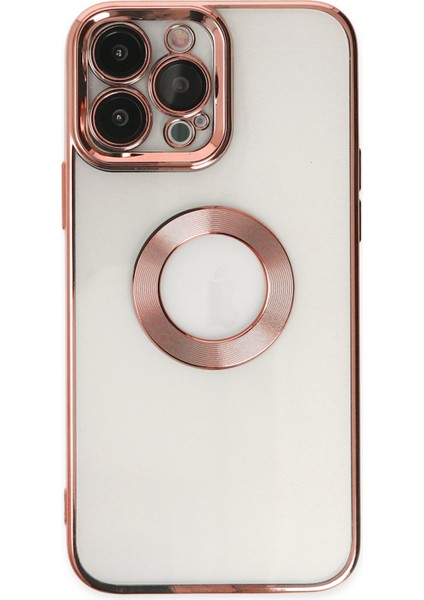 Apple iPhone 14 Pro Max Kapak Yanları Renkli Lens Korumalı Logo Gösteren Şeffaf Luxury Silikon Kılıf - Rose Gold