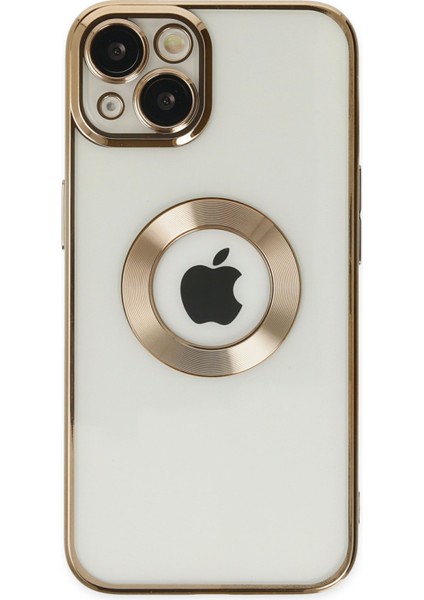 Apple iPhone 14 Plus Kapak Yanları Renkli Lens Korumalı Logo Gösteren Şeffaf Luxury Silikon Kılıf - Gold