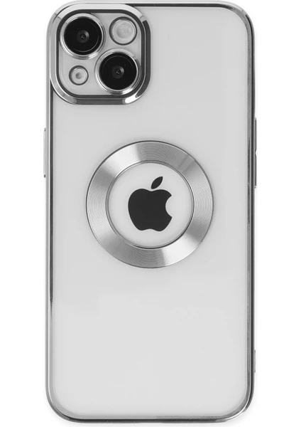 Kzy Apple iPhone 14 Kapak Yanları Renkli Lens Korumalı Logo Gösteren Şeffaf Luxury Silikon Kılıf - Gri