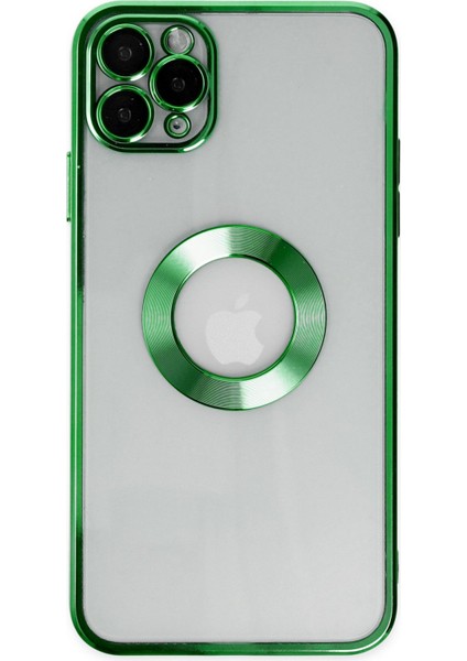 Apple iPhone 11 Pro Max Kapak Yanları Renkli Lens Korumalı Logo Gösteren Şeffaf Luxury Silikon Kılıf - Yeşil